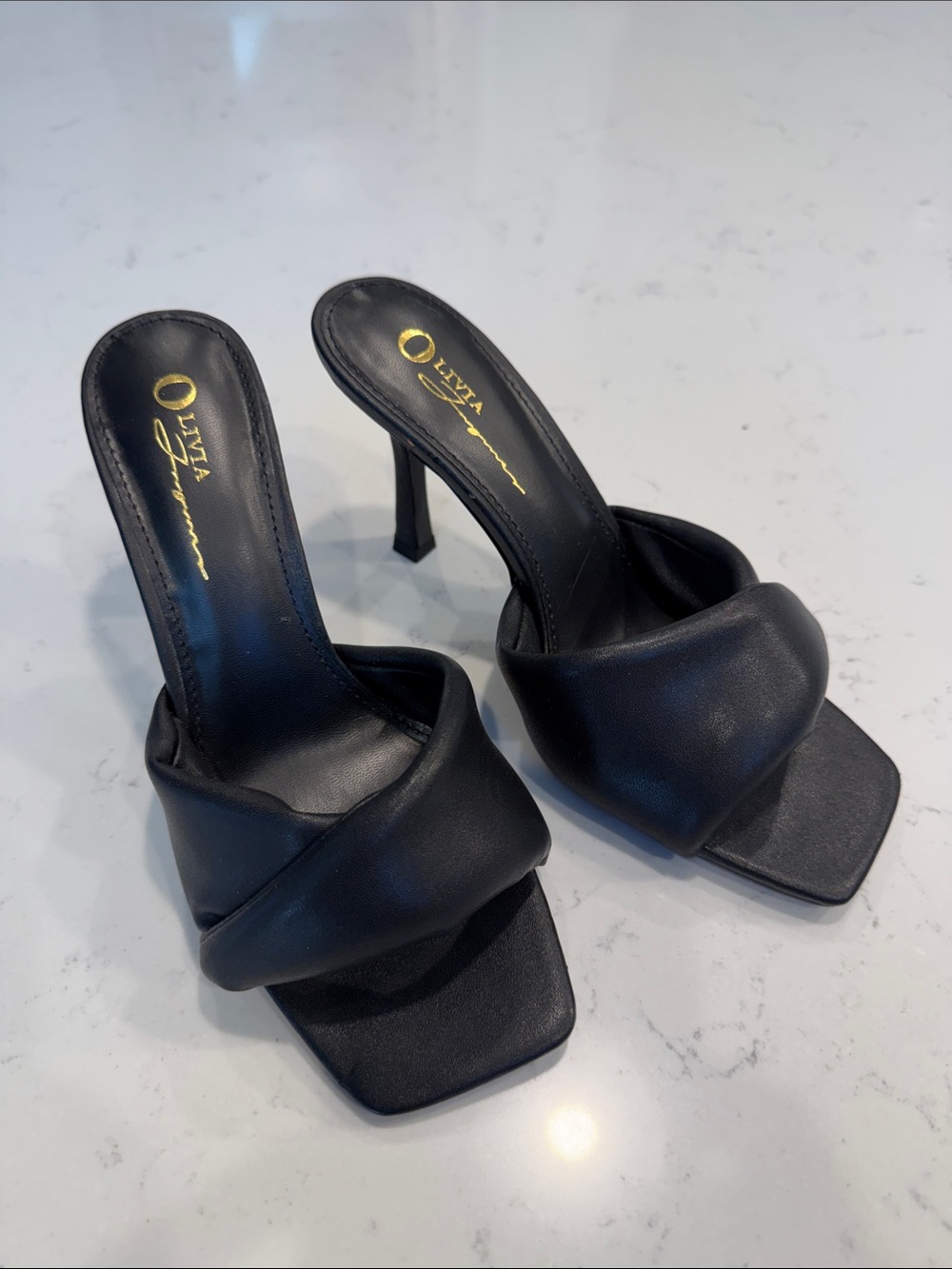 Olivia Heeled Knotted Square-Toe Mules in Black